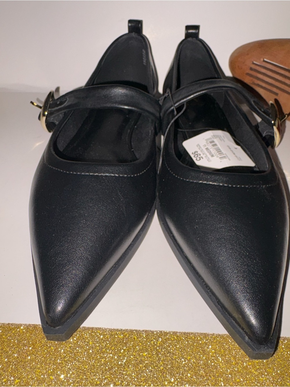 Worthington Black Pointed Mary Jane Flats with Gold Buckle - Picture 2 of 6